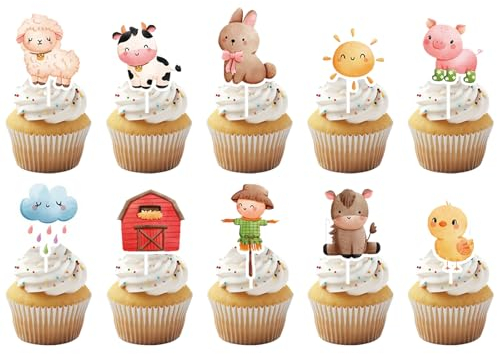 Bauernhoftiere Cupcake Toppers, 40 Stück Muffin Deko Tiere, Bauernhoftiere Kuchen Topper, Scheune Tiere Bauernhof Thema Muffins Deko, Cartoon Cupcake Deko für Kinder Geburtstag Baby Shower