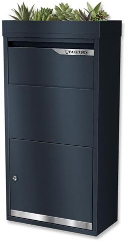 Metzler Paketbox mit Pflanzdach, Anthrazit RAL7016, Wetterfest, Klappsystem für Pakete bis Größe S, Rostfrei & Massiv, Inkl. Befestigungsmaterial, Modell Avalon 3