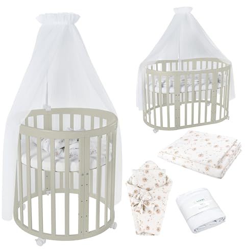 Waldin Oval Baby-Bett Mitwachsend Komplett Set 7in1, Gitterbett, Kinderbett mit Matratze, Wickelkommode, Beistellbett, Holz Olive, Stoffe Weiß Löwenzahn