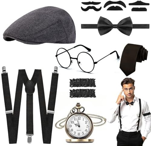 14PCS 20er Jahre Accessoires Herren, 1920er Great Gatsby Accessoires Herren | Great Gatsby Accessoires Men Für Retro-partys Cosplay-partys Rollenspiele (Hut Fliege Taschenuhr Hosenträger Brille Bart)