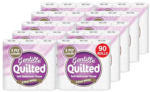 Gentille Quilted Bathroom Tissue Rolls | Luxury 3-Ply Toilet Paper Soft, Strong & Sustainable | UK Made (90)
