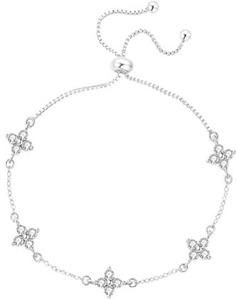 HEEYA Armband Damen Silber 925 Plattiert Armbänder mit 5A Zirkonia Blumen Armkette Vierblättrige Blatt für Damen Verstellbar Armband Silber Bracelet Schmuck Geschenk mit Karte für Frauen Mädchen