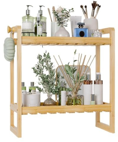 Over Toilet Storage Shelf, Bamboo 2 Tier Toilet Shelving Unit, Small Desktop Storage Rack, Bathroom Organizers for Kitchen Bathroom Bedroom Living Room Office