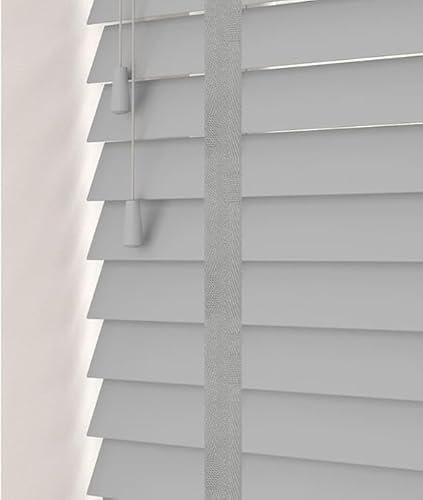 Funky Gadgets Faux Wood Blinds Wooden Grain window Venetian Blind 50mm Horizontal Smooth Slats with Tape White Silver/Grey TRIMMABLE Child Safe (Grey, W114cmxL150cm)