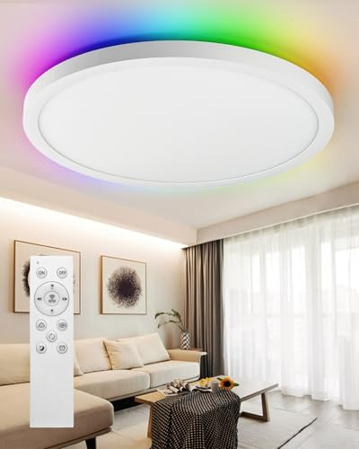 Olutula Smart Ceiling Light with RGB Backlight, 24W 2400LM Dimmable Flush Light with App & Remote Control, 3000K-6000K, Works with Alexa & Google Assistant, Ø30cm for Bedroom, Living Room, Kitchen