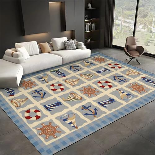 SMXVRC Nautisches Thema Teppich für das Wohnzimmer, 60x110cm, KüSte Anker Ruder Leuchtturm FläChenteppiche für Schlafzimmer, Maschinenwaschbar Weich Kurzflor Kinderteppich für Esszimmer Heim