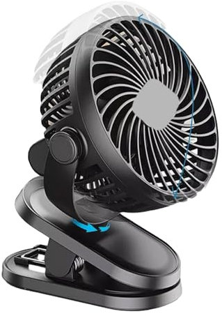 UR Portable Clip on Fan, Battery Operated, Small Powerful USB Desk Fans, 3 Speed Quiet Rechargeable Mini Table Fan, 360° Rotate Personal Cooling Fan for Home Office Stroller Camping Black Blue