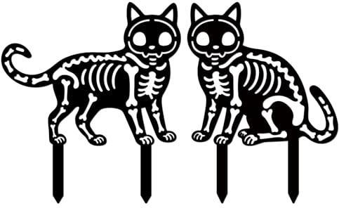 GLOBLELAND 2 Stück Schwarzes Metall Gartendeko Schwarz Halloween Totenkopf Katze Silhouette Deko Tier-Silhouette Yard Art Gartenstecker für Garten Halloween Dekoratione Feiertage Rasen Terrasse