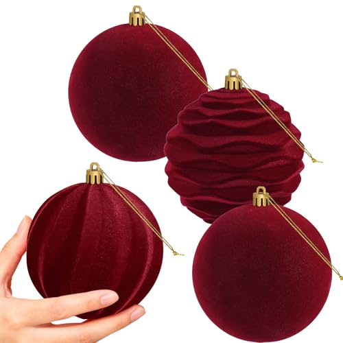 Artmag Große Samt-Weihnachtskugeln, bruchsicher, zum Aufhängen, beflockt, für Weihnachtsbaum, Urlaub, Party-Dekorationen, Burgunderrot, 10,2 cm, 4 Stück