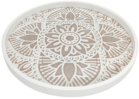 Wood Decorative Tray Round Wooden Tray Boho Rustic Serving Tray Tea Coffee Table Centrepiece Candle Holder Farmhouse Decor Wood Serving Plates for Kitchen Living Room Counter 30 cm White