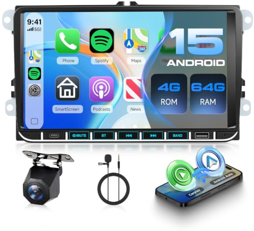 Autoradio 4G+64G con Carplay Wireless/Android Auto per VW Volkswagen Golf 5 6 Jetta Passat Tiguan Seat Touran Skoda,con 9 IPS Touchscreen Bluetooth/USB/Type-C/FM/RDS/EQ,5G WiFi GPS +telecamera