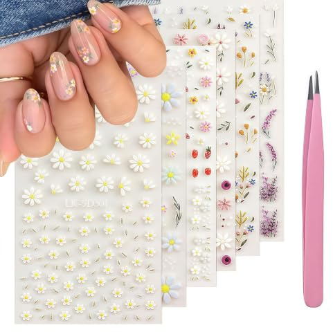 Flower Nail Stickers Nail Art Stickers 5D Embossed 3D Nail Decals Self Adhesive Floral Nail Stickers Daisy Lavender Nail Art Decorations for Gel Nails DIY Manicure Supplies for Women