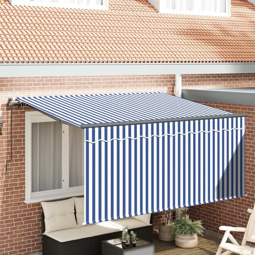 Tenda da sole retrattile per terrazza, colore blu e bianco, 300 x 200 cm, con braccio articolato in poliestere e telaio in alluminio, con veneziana per regolazione flessibile dell'ombra, design