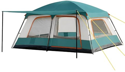 Tente de Camping 4 Personnes (320x210x180 cm), Tente Tunnel 4 Places 2 Chambres avec Auvent, Impermeable 3000 mm, UPF 50+, Montage Rapide 10 Min, pour Camping Familial
