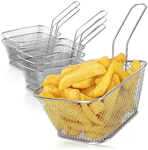com-four® 6x mini canasta para patatas fritas (4,5 x 11 x 7 cm) – Recipiente snack de acero inoxidable 430 – Mini freidoras plateadas con mango – Cesta para servir (Cesta - 06 piezas)