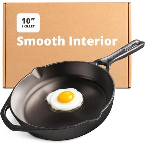 Greater Goods 10-Inch Cast Iron Skillet Frying Pan – Milled Smooth Cast Iron Cooking Surface, Organically Pre-Seasoned with Flaxseed Oil, Long Handle & Dual Pour Spouts for Better Control