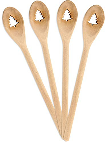 Spruchreif | 4er Set Gourmetlöffel Tannenbaum aus Holz | Mini Holzlöffel mit Tannenbaum-Motiv | Deko-Idee & Geschenkanhänger für Weihnachten