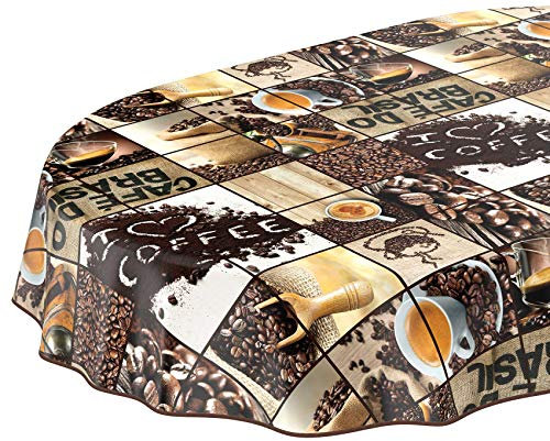 Wachstuchtischdecke abwaschbar Garten Tischdecke Wachstuch Rund Oval Eckig Indoor Outdoor Kaffee Braun Oval 160x140cm mit Saum - Eingefasst
