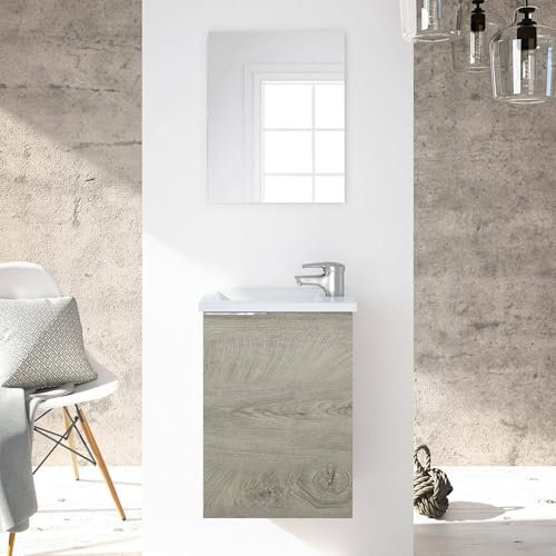 Dmora - Meuble sous-vasque Peoria, Meuble de salle de bain suspendu, armoire 1 porte avec miroir et lavabo, 40x22h58 cm, Chêne