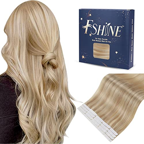 Fshine Tape in Extensions Echthaar, 30cm 30g Echthaar Extensions Tape Goldblond mit Mittelblond 20 Stücke Klebeband in Haarverlängerung Farbe 16P22
