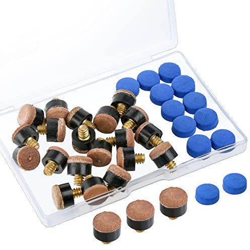 Zhenle 30 Pieces Cue Tips 10 mm Pool Cue Tips Snooker Cue Tips Screw On with Plastic Storage Box for Pool Cues and Snooker(Brown & Blue)