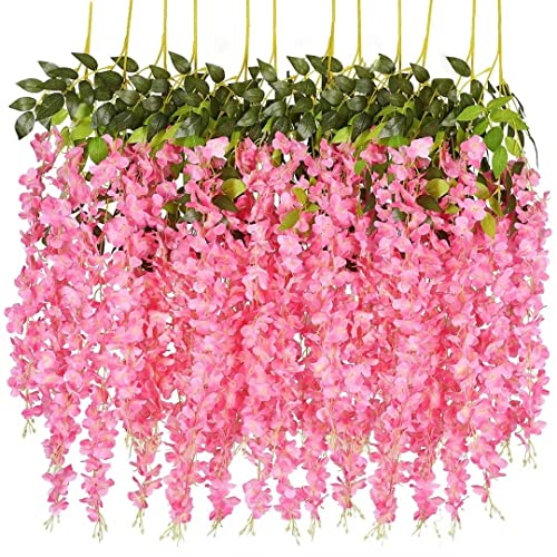 NEOONES Lot de 12 guirlandes de glycines artificielles à suspendre pour mariage, jardin, décoration murale - 12 m - Rose