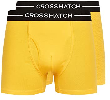 Crosshatch Men’s Hexter Boxer Shorts (Pack of 2), Stretch Cotton Trunks with Front Fly Opening & Jacquard Branded Waistband, Sizes S-XXL, Blue, Yellow, Red Multi-Pack