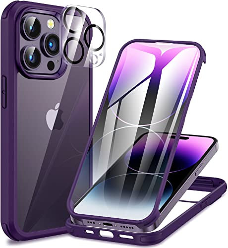 CENHUFO Compatible with iPhone 14 Pro Case Built-in Glass Screen Protector with Camera Lens Protector, 360°Full Body Heavy Duty Protective Phone Case for iPhone 14 Pro case Shockproof -Purple
