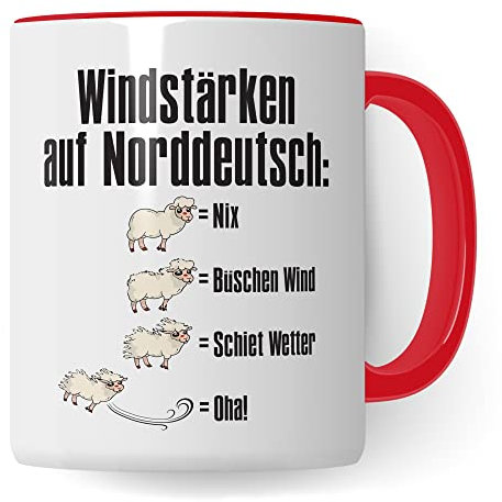 Tasse Windstärken auf Norddeutsch Kaffee-Tasse Schaf Geschenkidee für Norddeutsche Norddeutschland Meer Nordsee Ostsee Kaffeebecher (Weiß/Rot)