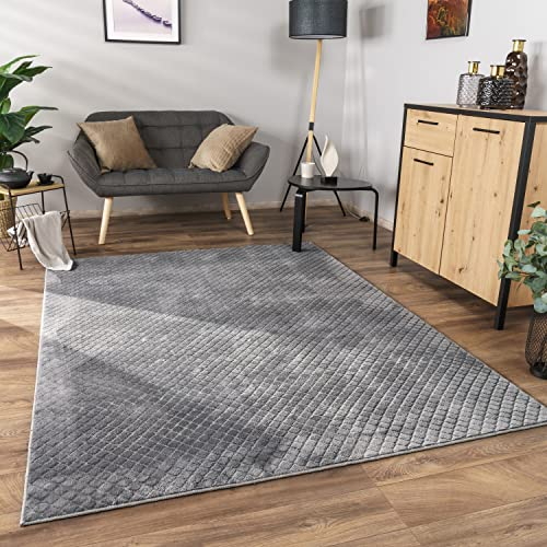 Paco Home Teppich Wohnzimmer Schlafzimmer Kurzflor Skandinavisches Boho Design Geometrisches Rauten Muster 3D Effekt Einfarbig, Grösse:80x150 cm, Farbe:Anthrazit