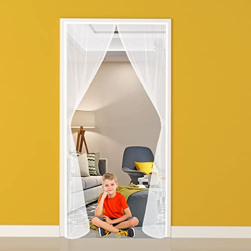 Magnetic Fly Screen Door, 140x200cm Anti Mosquito Fly Curtain Door Screens Nets,Top-to-Bottom Seal Snaps Shut Automatically,French Door Patio Door,Full Frame Hook & Loop(White)