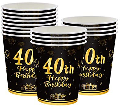 16Pcs Black Gold 40th Birthday Paper Cups - Disposable Party Cups & Table Decorations for Him & Her