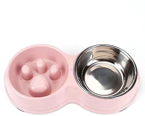 Mithui ju Double Slow Feeder Dog Bowl Anti-choke Water and Food for Cat Dog and Puppy with Stainless Steel Detachable Dish and Anti Slip Pad Bottom (Pink)