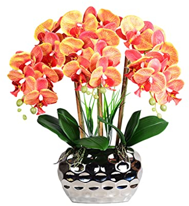 VUIUYOIES Künstliche Orchidee Bonsai Phalaenopsis Kunstpflanzen Orchideen Blumenarrangements für Tisch Wohnzimmer Hochzeit Ornamente, Orange