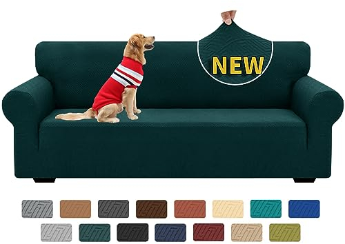 XINEAGE Sofabezug 3 Sitzer, High Stretch Sofaüberwurf für Wohnzimmer, Moderne Sofaüberzug, Jacquard Sofa überzug für Hunde, Haustiere, Rutschfester Sofa Cover (3 Sitzer, Dunkelgrün)