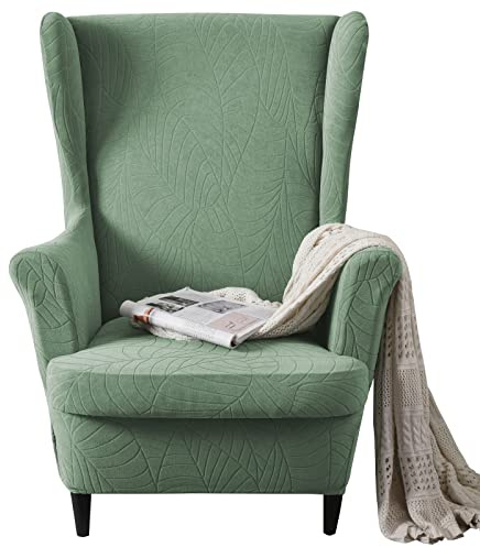 MIFXIN Wingback Chair Slipcover 2 Piece Stretch Wing Back Chair Cover with Cushion Cover Soft Washable Armchair Furniture Protector for Living Room Bedroom (Jacquard Green)