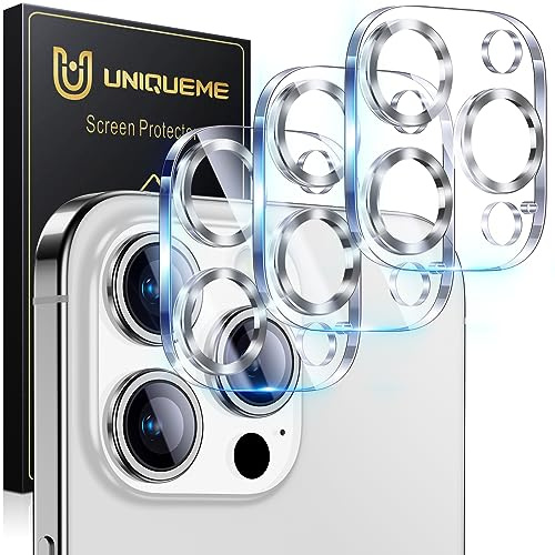 UniqueMe pour iPhone 15 Pro/15 Pro Max Protection Camera Objectif - Ultra HD Caméra Protection, 9H Dureté, Ultra Résistant Film Verre Trempé, Facile à Installer - 3 Pièces - Argenté