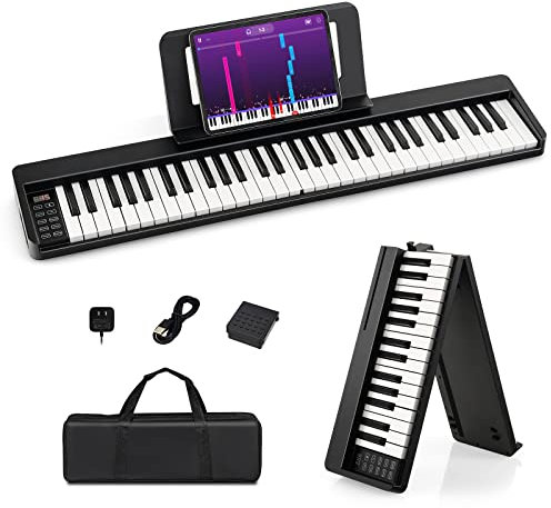 COSTWAY Piano Numérique 61 Touches Pliable avec 128 Sons & 128 Rythmes, Clavier Électronique Portable avec Fonction Bluetooth, Haut-Parleurs & Pédale de Sustain pour Enfants ou Débutants