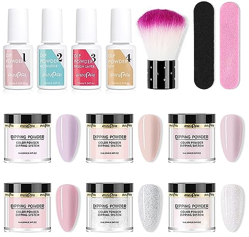 RoseFlower Dipping Powder Nails Kit, 6 Farben Nude Dip Nails Powder Starter Kit mit Base Coat, Top Coat, Staubpinsel, Nagelfeile – DIY Salon Maniküre zu Hause – 3 Wochen lang Strahlend Glänzend