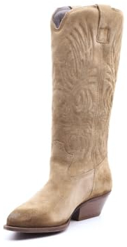 Felmini Stivali Texani Gambale Alto Ricami Tomaia Camoscio 38 / Beige