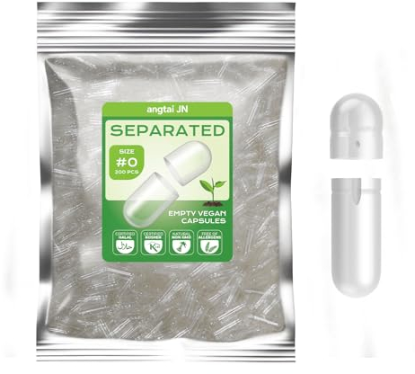 Angtai JN Capsules Vides Végétales Séparées Taille 0 (200 unités), Gélules vides à Remplir, Compatible avec la Machine de Remplissage de Capsules 0