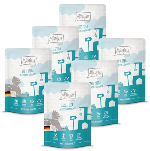 MjAMjAM - Premium Nassfutter für Katzen - Quetschie - zarte Ziege an leckeren Möhrchen, 6er Pack (6 x 300 g), getreidefrei mit extra viel Fleisch