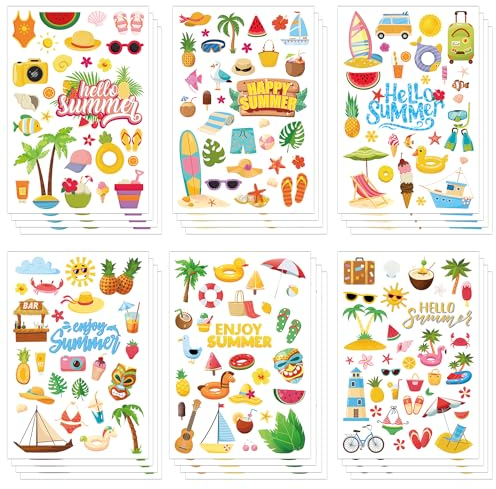 688 Stück Sommer Aufkleber für Kinder, 24 Blatt Bunte Strand Aufkleber, Pool, Ananas, Sonne, Cartoon Urlaubsaufkleber für Hawaii Partygeschenke, Urlaub, Scrapbooking, Tagebuch, Geburtstag