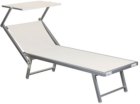Totò Piccinni Salento Lettino Prendisole Pieghevole in Alluminio con TETTUCCIO mare spiaggia piscina giardino (Bianco Perla)