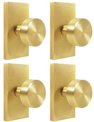 Newlaking Satin Brass Zinc Alloy Dummy Door Knob, Round Non-Locking Knob with Rectangular Backplate for Closet Bifold Barn Doors, 4 Pack