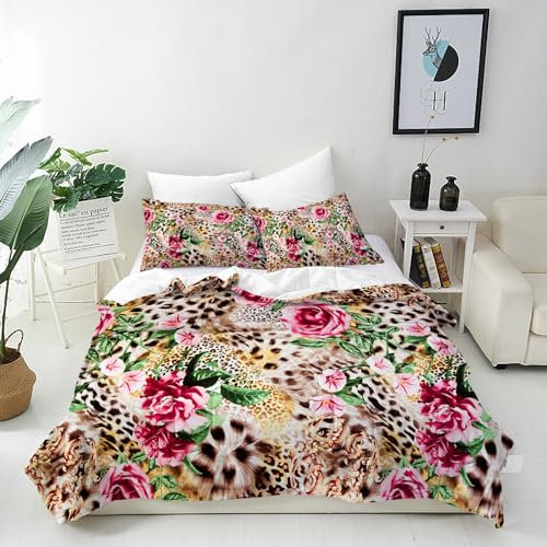 ANHOPE Leopard Geparden Blume Bettwäsche Set 3 Teilig Weich Bettbezug 240x220 cm & 2 Kissenbezug 80x80 cm Microfaser Bettbezüge Set mit Reißverschluss Ganzjahres Bettdeckenbezug Set