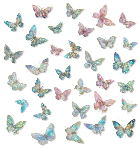 80 Stück Schmetterling Sticker Deko Eiskristalle Holografisch Glitzer Aufkleber Bunt Schmetterlings Aufkleber Vintage PET Scrapbooking Sticker für DIY Tagebuch Kalender Fotoalben Notizbuch