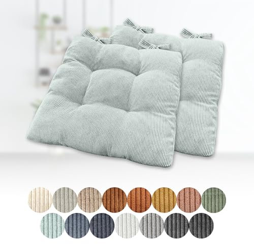Lsjoaw 2er Set Sitzkissen 40x40x6cm Polster Auflage Gemütliche Stuhlkissen mit Bindebänder Sitzpolster Stuhlauflage Sitzpolster für Gartenstuhl Küche oder Esszimmer Quadrat Cordstoff MintgrüN