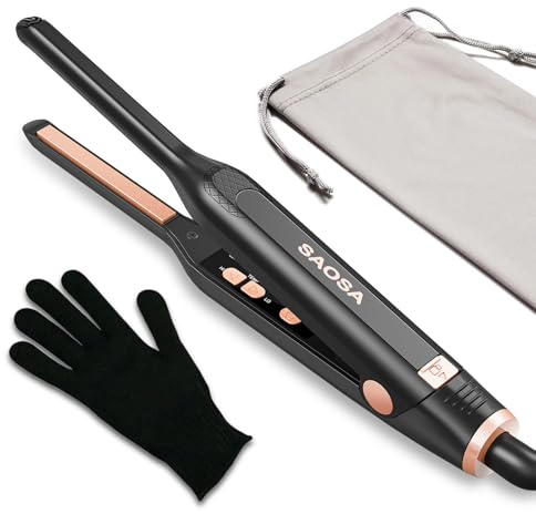 SAOSA Pencil Flat Iron, 3/10 Small Flat Irons for Short Hair, Pixie Cut and Bangs, Mini Hair Straightener for Edges, Tiny Hair Straightener Dual Voltage with Adjustable Temperature (Rose Gold)