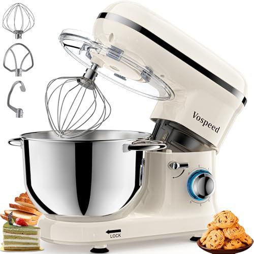 Stand Mixer, Vospeed Food Mixer Dough Blender, 6.2L 1500W Electric Cake Mixer with Bowl, Beater, Hook, Whisk, Egg Separator & Silicone Spatula, Dishwasher Safe (White)